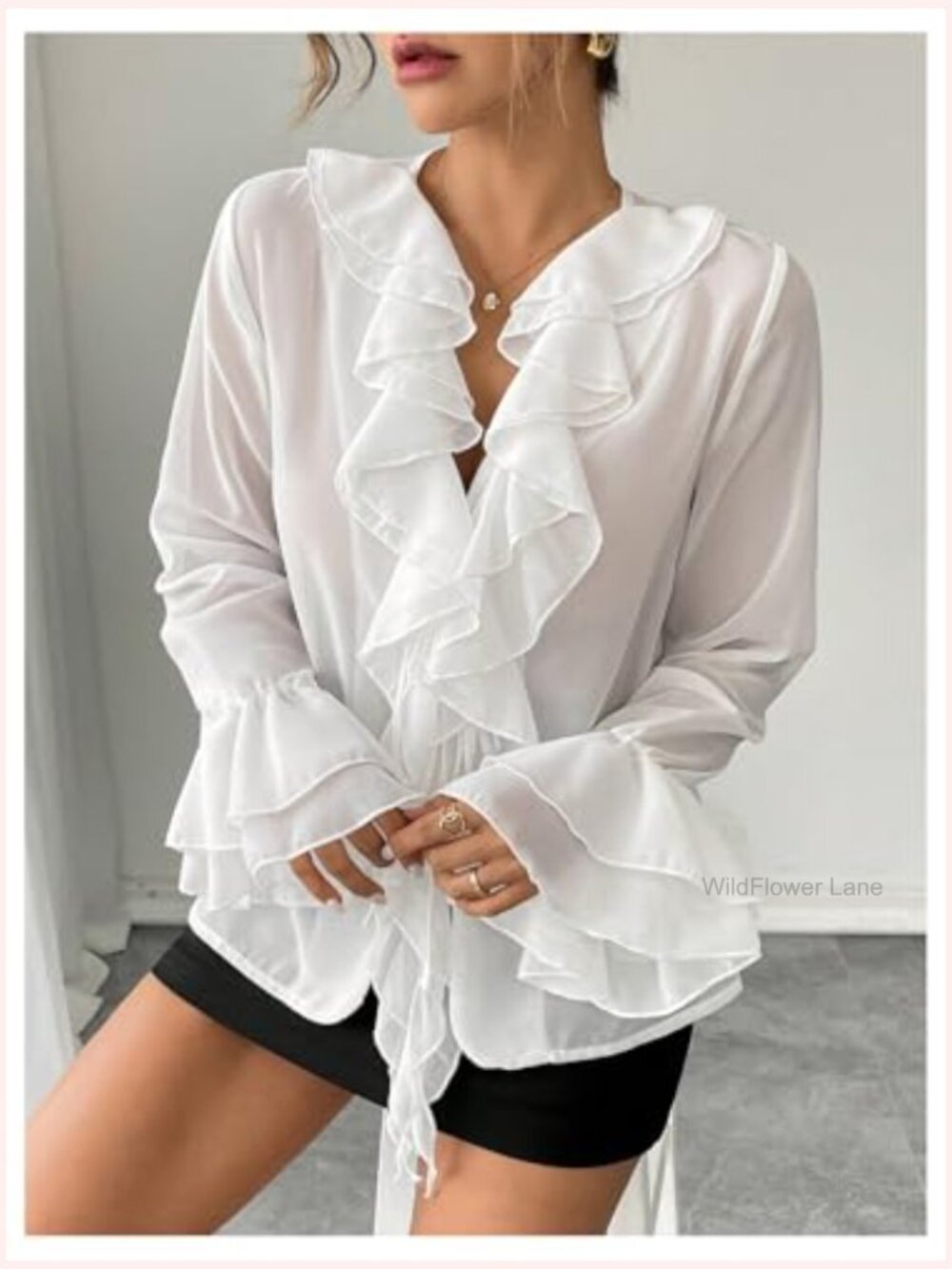 Long Sleeve V Neck Ruffle Blouse Chiffon Layered Going Out Top - Picture 4 of 5